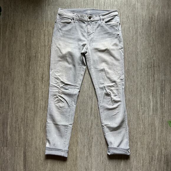 LOFT Blue/White Hickory/Railroad Stripe Distressed Relaxed Skinny Pants Sz 27/4 - Picture 2 of 11